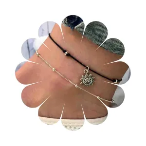 Boho Layered Sun Ankle Bracelet Silver Satellite Anklet Bracelet Retro Black Rope Anklet Chain Personlized Sunflower Foot Chain Jewelry for Women Gifts (Sun)