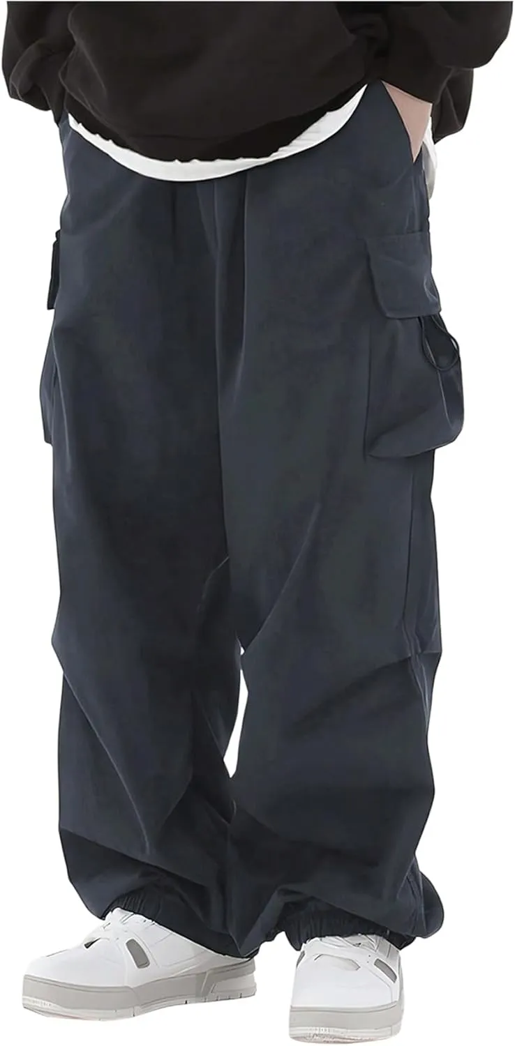 Boy's Wide Leg Cargo Pants Drawstring Waist Baggy Track Pants Trousers Streetwear