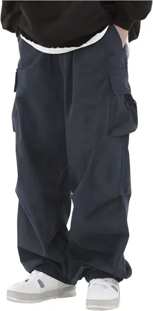 Boy's Wide Leg Cargo Pants Drawstring Waist Baggy Track Pants Trousers Streetwear