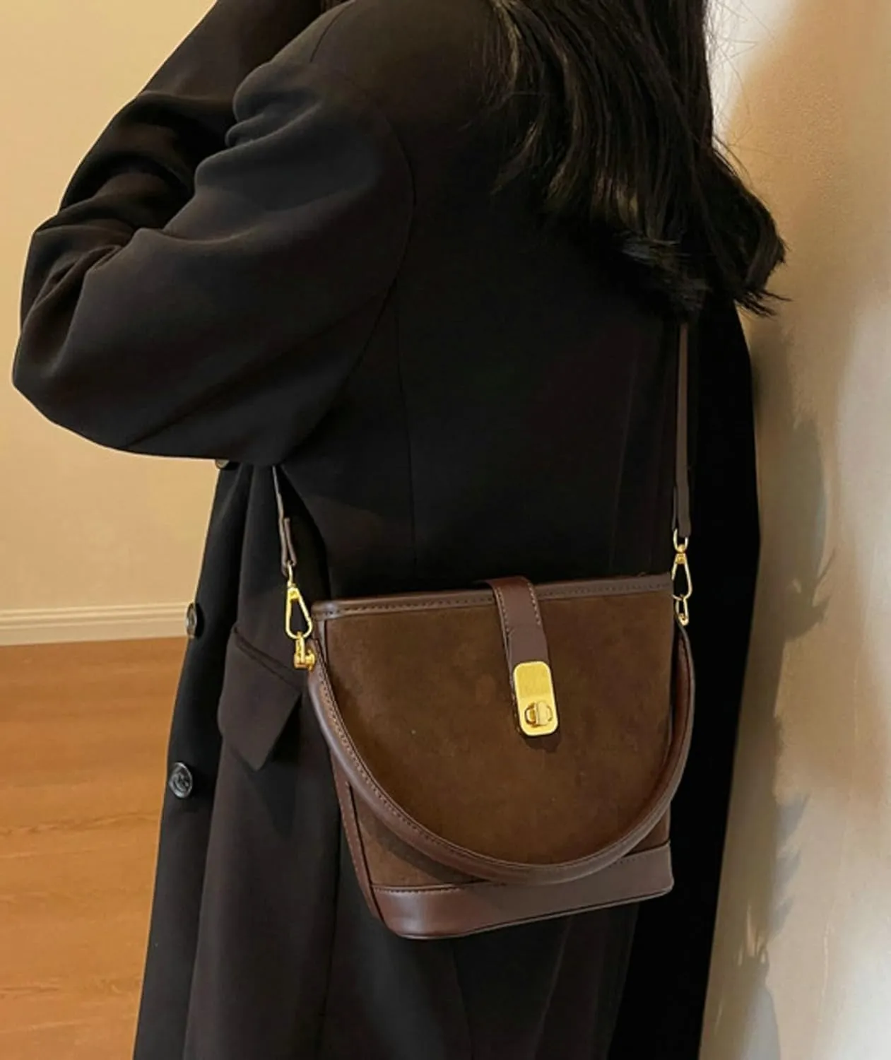 Brown Suede Buckle Bags for Women Small Bucket Purse Trendy Suede Shoulder Bag Suede Crossbody Purse