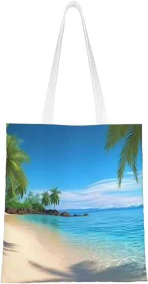 Canvas Tote Bag Aesthetic for Women Hawaiian Beach with Palm Trees Shopping Bags Large Tote Shoulder Bag Reusable Grocery Bags Hobo Bags Casual Handbags Cute Cloth Bags Birthday Gifts