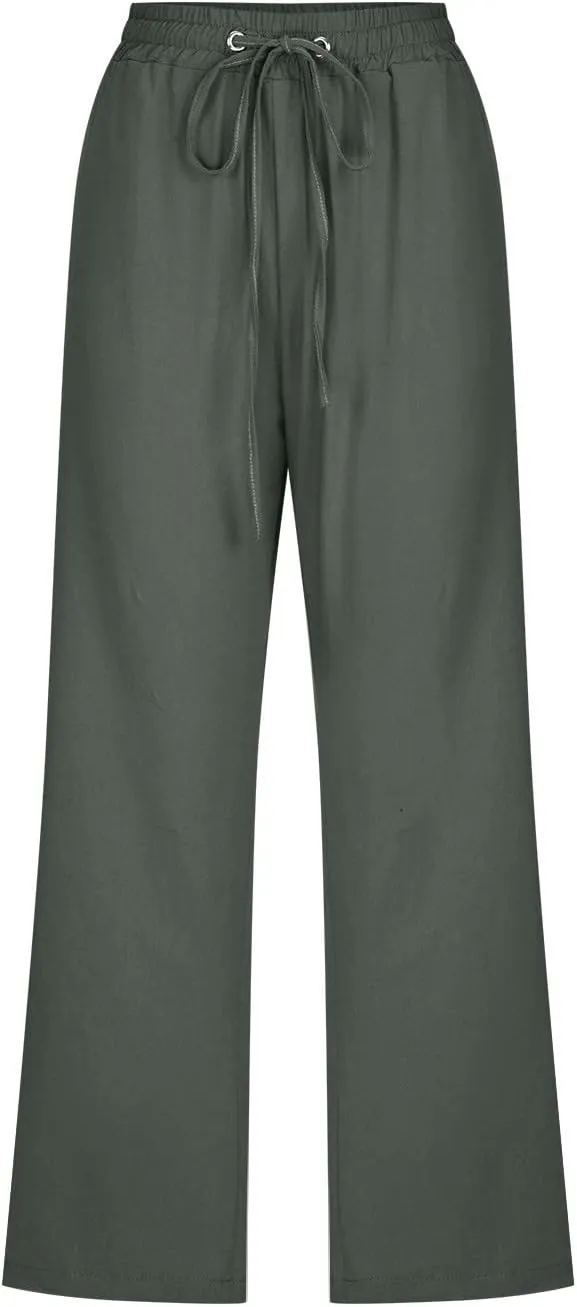 Capris Pants for Women Casual Summer 2025 Cotton Linen Pant Beach Loose Comfy Straight Leg Drawstring Cropped Trouser