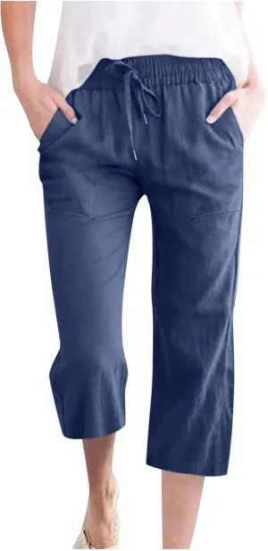 Capris Pants for Women Casual Summer 2025 Cotton Linen Pant Beach Loose Comfy Straight Leg Drawstring Cropped Trouser