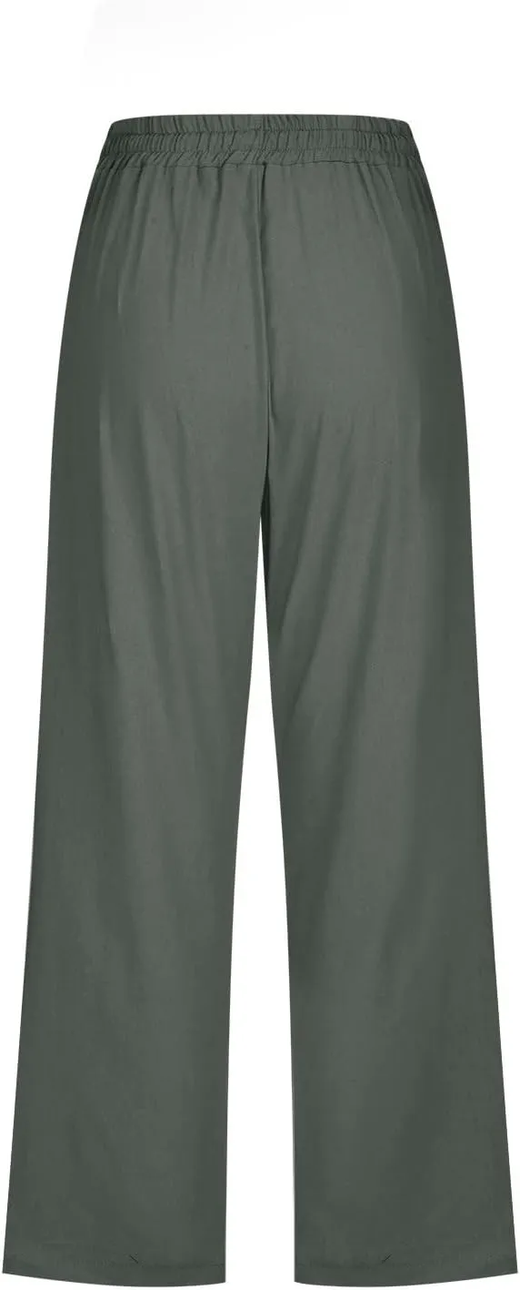 Capris Pants for Women Casual Summer 2025 Cotton Linen Pant Beach Loose Comfy Straight Leg Drawstring Cropped Trouser