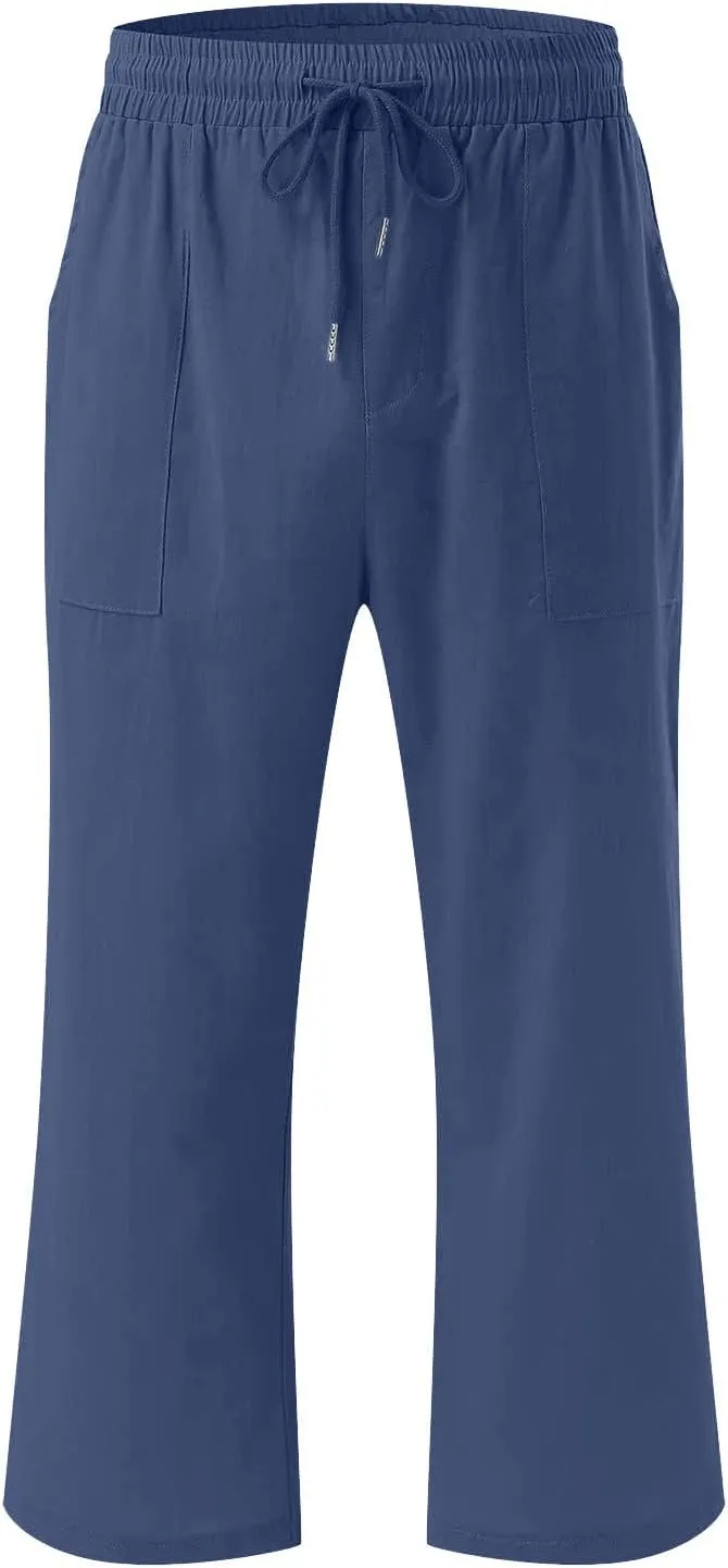 Capris Pants for Women Casual Summer 2025 Cotton Linen Pant Beach Loose Comfy Straight Leg Drawstring Cropped Trouser