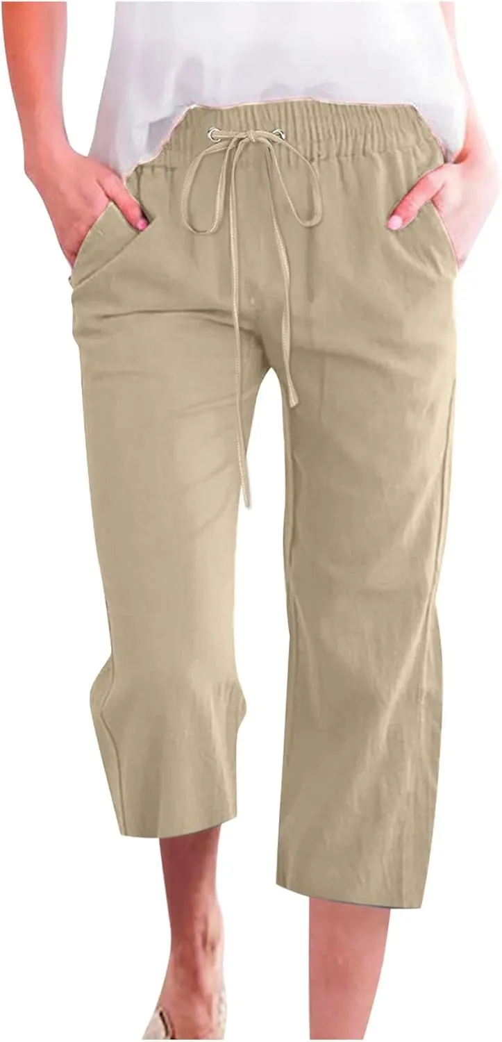 Capris Pants for Women Casual Summer 2025 Cotton Linen Pant Beach Loose Comfy Straight Leg Drawstring Cropped Trouser