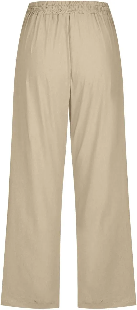 Capris Pants for Women Casual Summer 2025 Cotton Linen Pant Beach Loose Comfy Straight Leg Drawstring Cropped Trouser