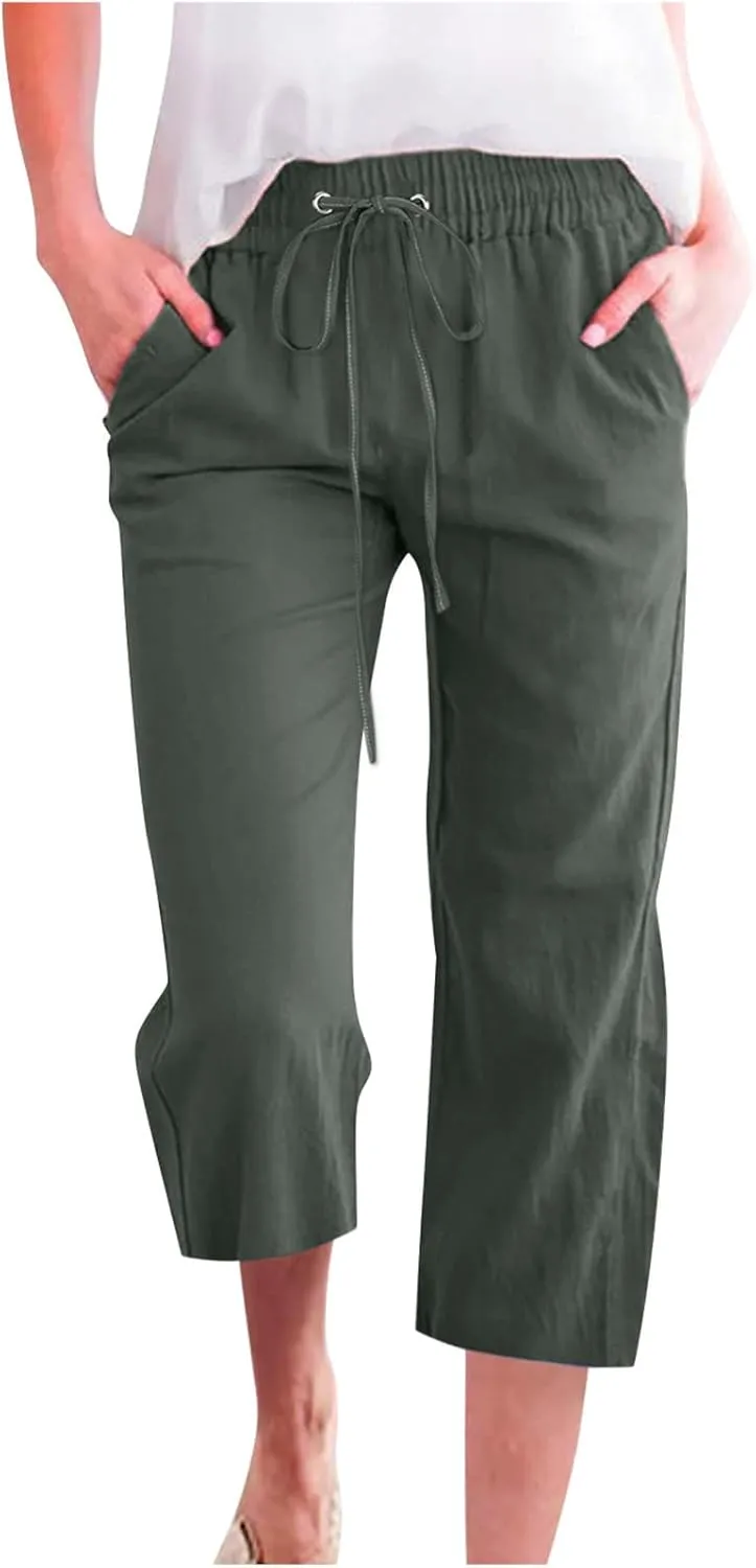 Capris Pants for Women Casual Summer 2025 Cotton Linen Pant Beach Loose Comfy Straight Leg Drawstring Cropped Trouser