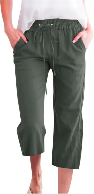 Capris Pants for Women Casual Summer 2025 Cotton Linen Pant Beach Loose Comfy Straight Leg Drawstring Cropped Trouser