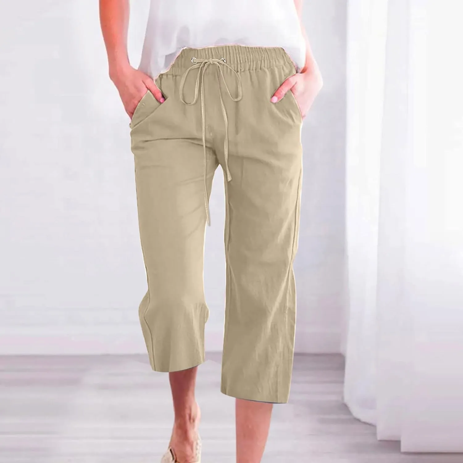 Capris Pants for Women Casual Summer 2025 Cotton Linen Pant Beach Loose Comfy Straight Leg Drawstring Cropped Trouser