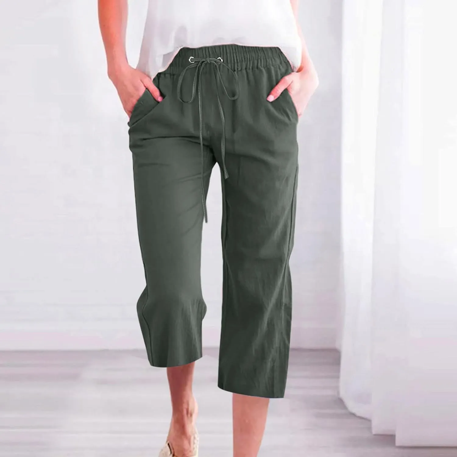 Capris Pants for Women Casual Summer 2025 Cotton Linen Pant Beach Loose Comfy Straight Leg Drawstring Cropped Trouser