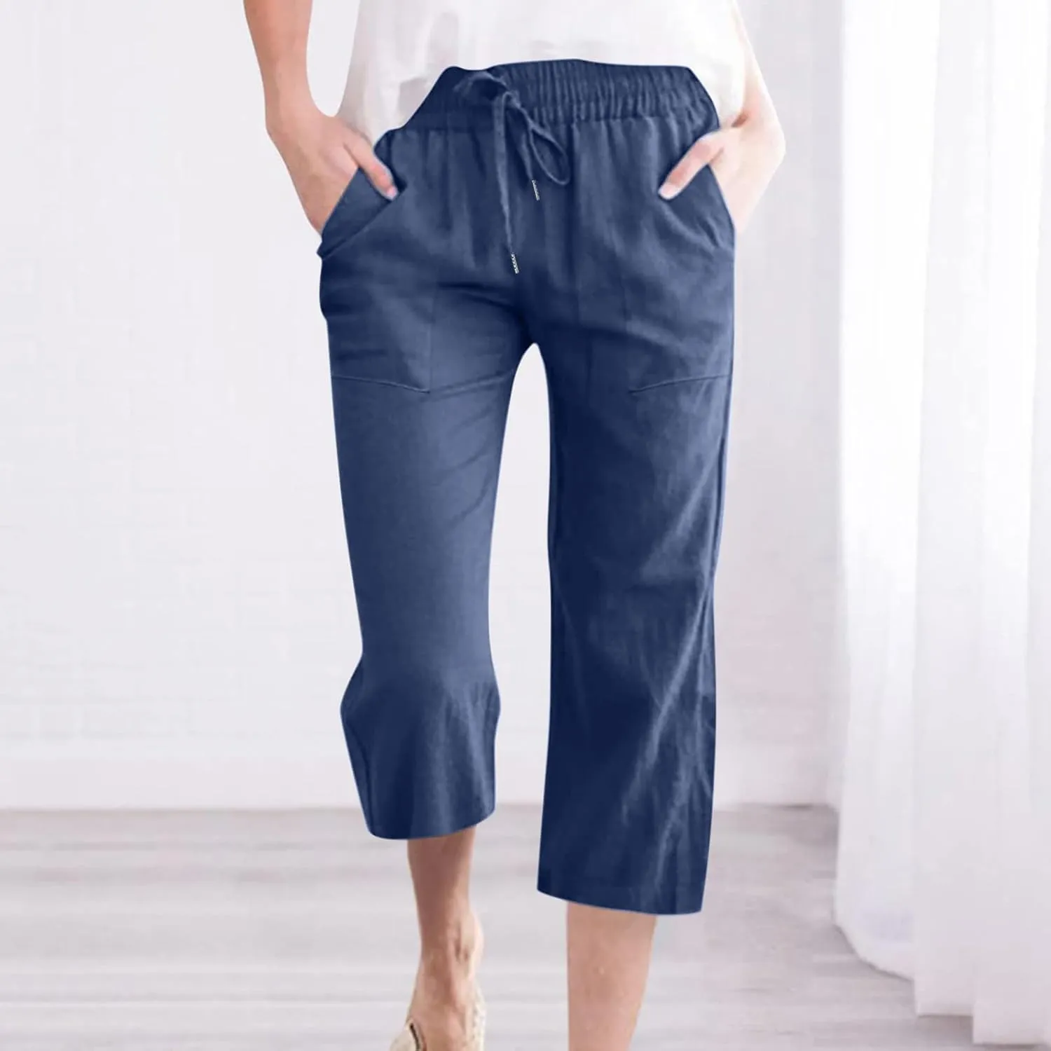 Capris Pants for Women Casual Summer 2025 Cotton Linen Pant Beach Loose Comfy Straight Leg Drawstring Cropped Trouser