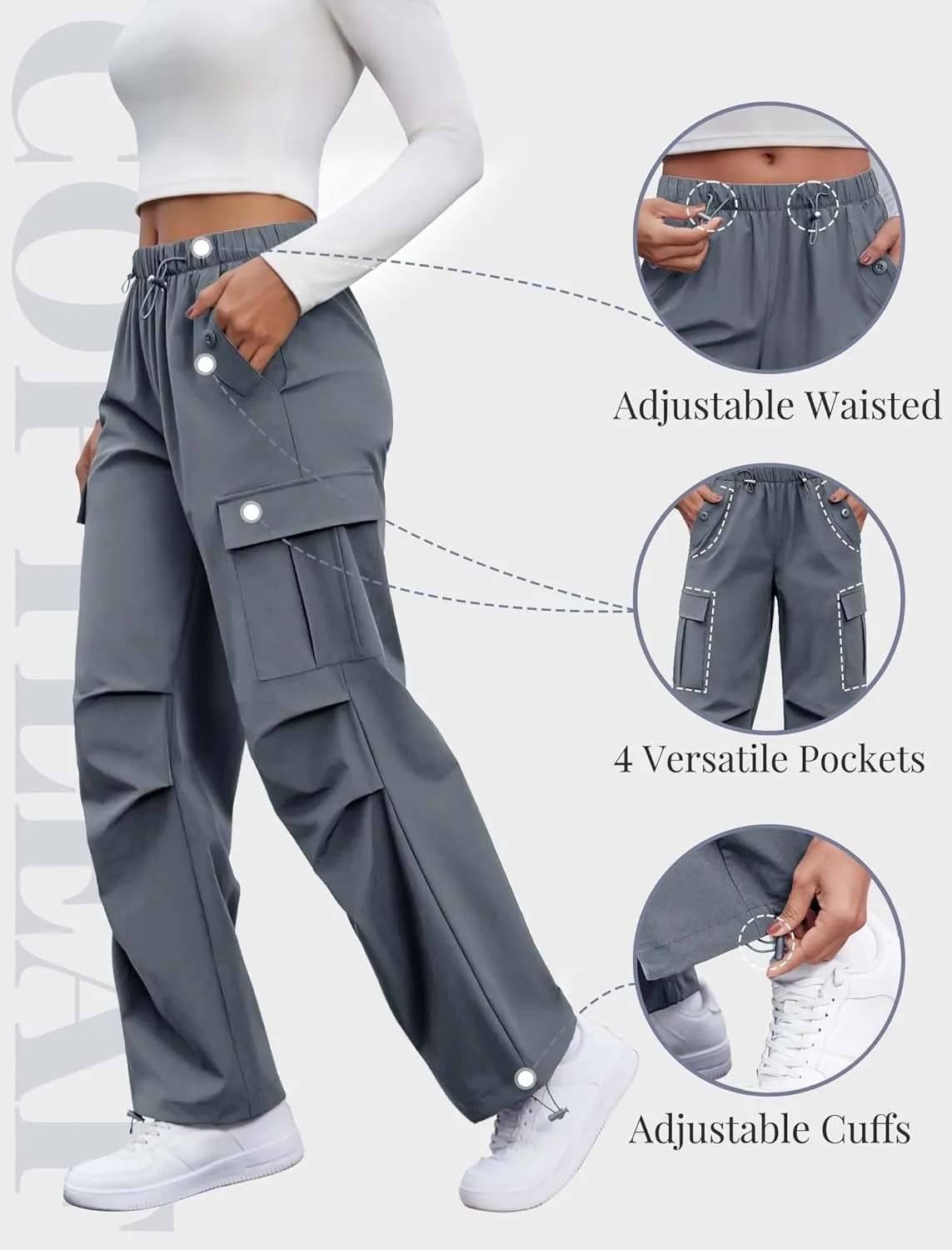 Cargo Pants Women Elastic Waisted Parachute Hiking Pants with Pockets Water-Resistant Lightweight Baggy Pants