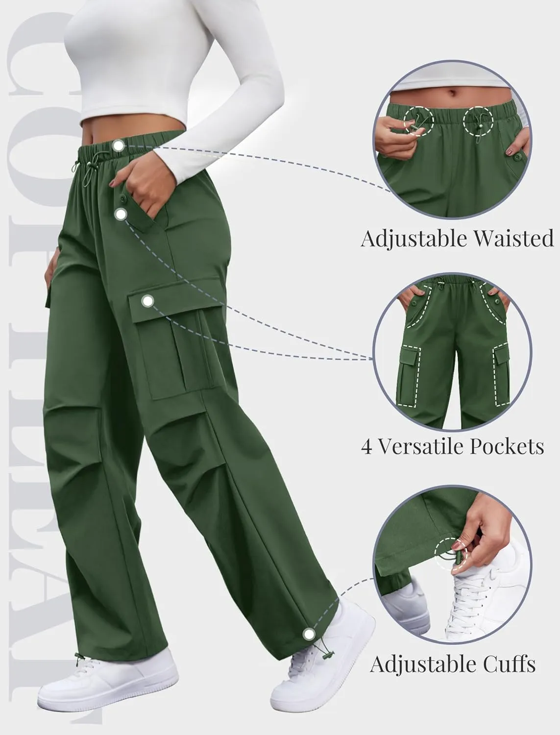 Cargo Pants Women Elastic Waisted Parachute Hiking Pants with Pockets Water-Resistant Lightweight Baggy Pants
