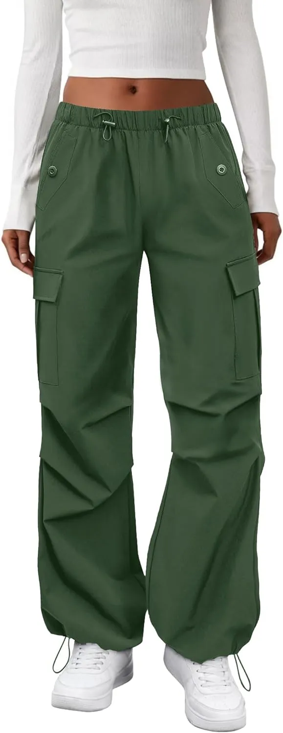 Cargo Pants Women Elastic Waisted Parachute Hiking Pants with Pockets Water-Resistant Lightweight Baggy Pants
