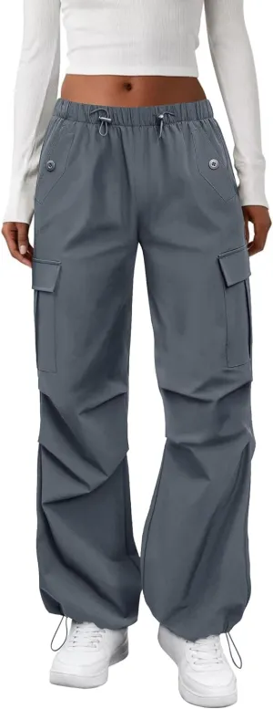 Cargo Pants Women Elastic Waisted Parachute Hiking Pants with Pockets Water-Resistant Lightweight Baggy Pants