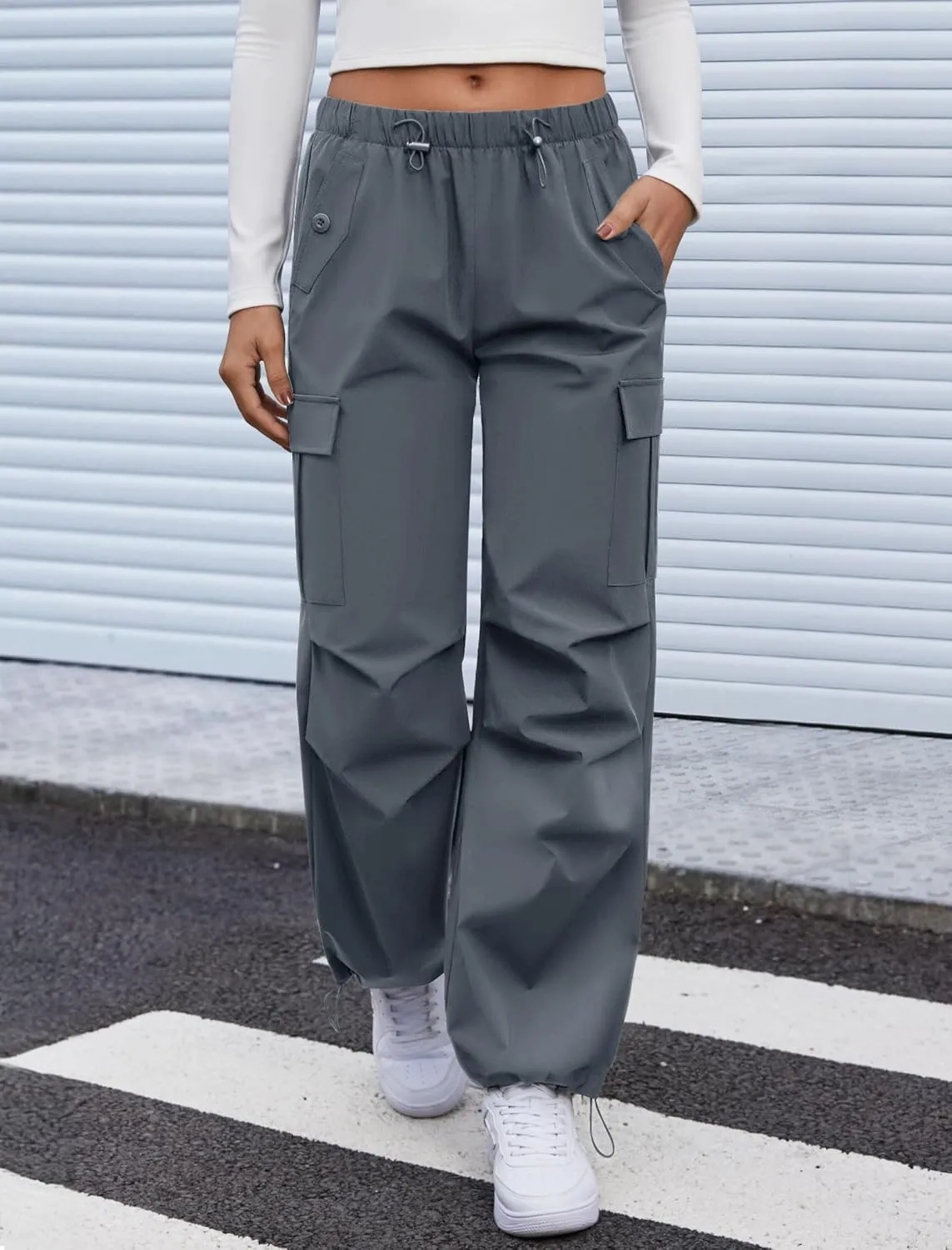 Cargo Pants Women Elastic Waisted Parachute Hiking Pants with Pockets Water-Resistant Lightweight Baggy Pants