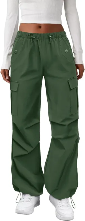 Cargo Pants Women Elastic Waisted Parachute Hiking Pants with Pockets Water-Resistant Lightweight Baggy Pants