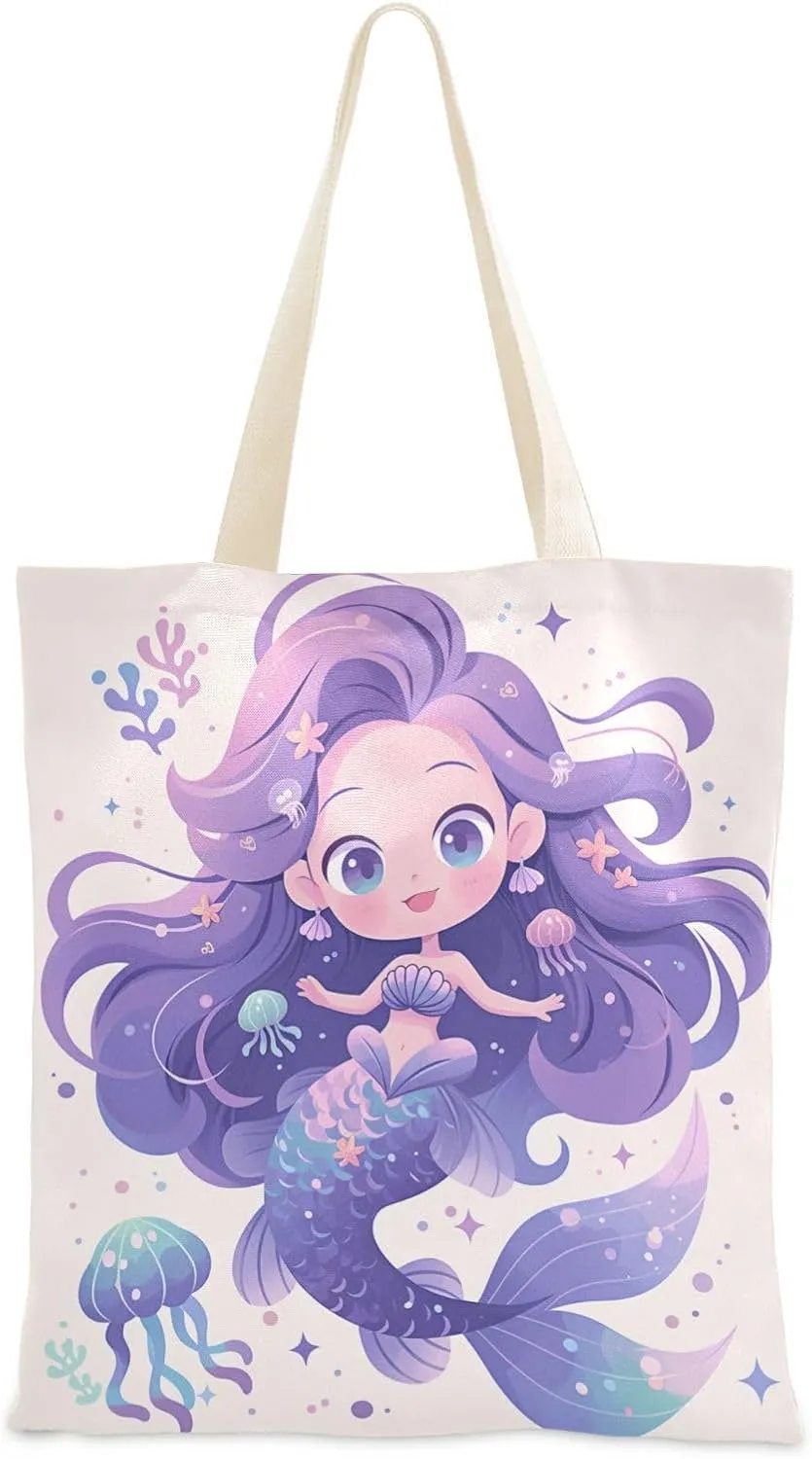 Cartoon Mermaid Canvas Tote Bag Tote Bag With Pockets Bulk Tote Bags Reusable Grocery Bags for Gym, Travel, Work