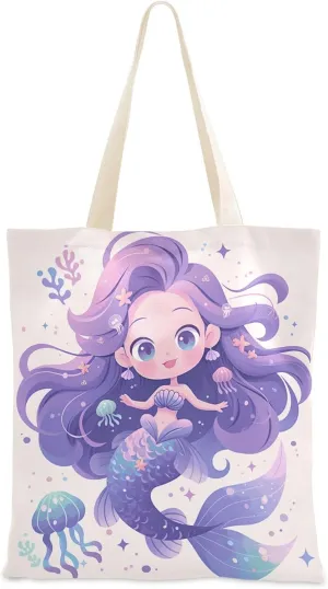 Cartoon Mermaid Canvas Tote Bag Tote Bag With Pockets Bulk Tote Bags Reusable Grocery Bags for Gym, Travel, Work