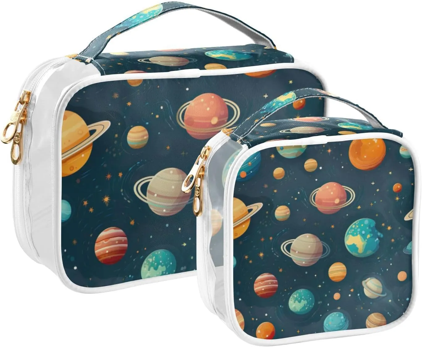 Cartoon Solar System Planets Makeup Clear Travel Bag, Clear Vacation Bag, Women Travel Gifts, 2 Pack