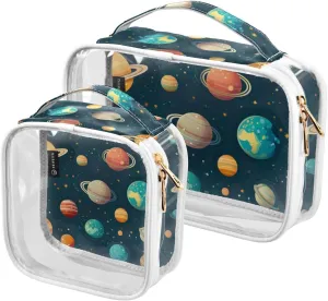 Cartoon Solar System Planets Makeup Clear Travel Bag, Clear Vacation Bag, Women Travel Gifts, 2 Pack