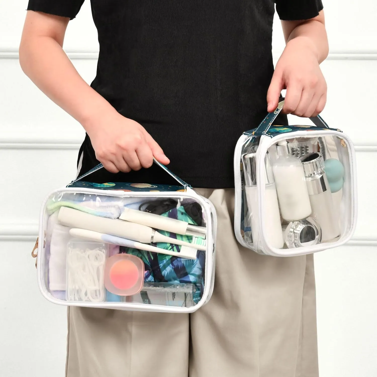 Cartoon Solar System Planets Makeup Clear Travel Bag, Clear Vacation Bag, Women Travel Gifts, 2 Pack