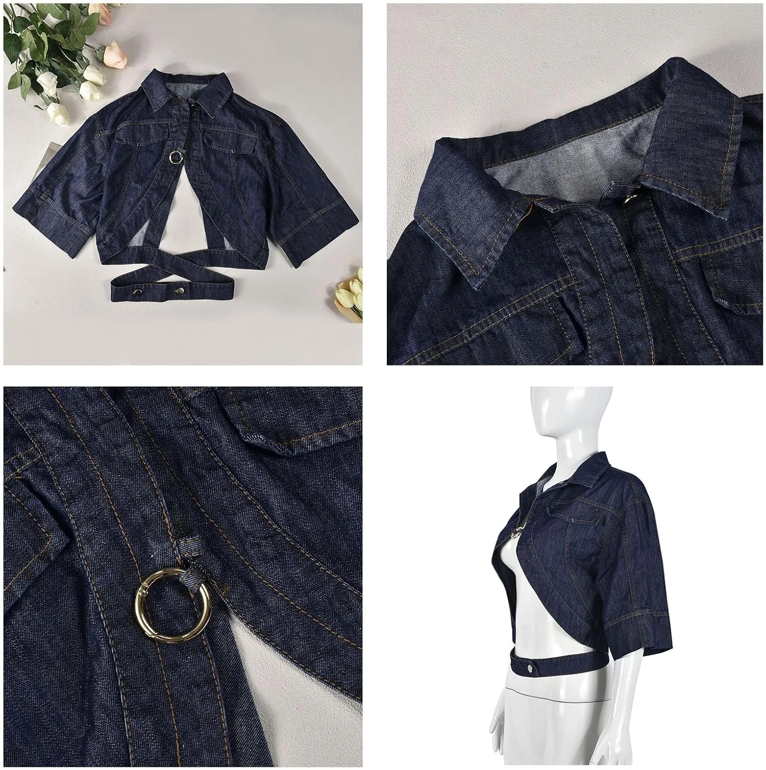 Casual Cropped Jacket Women Fall Fashion Short Sleeve Lace-up Coat Trendy Hollow Out Women's Clothes