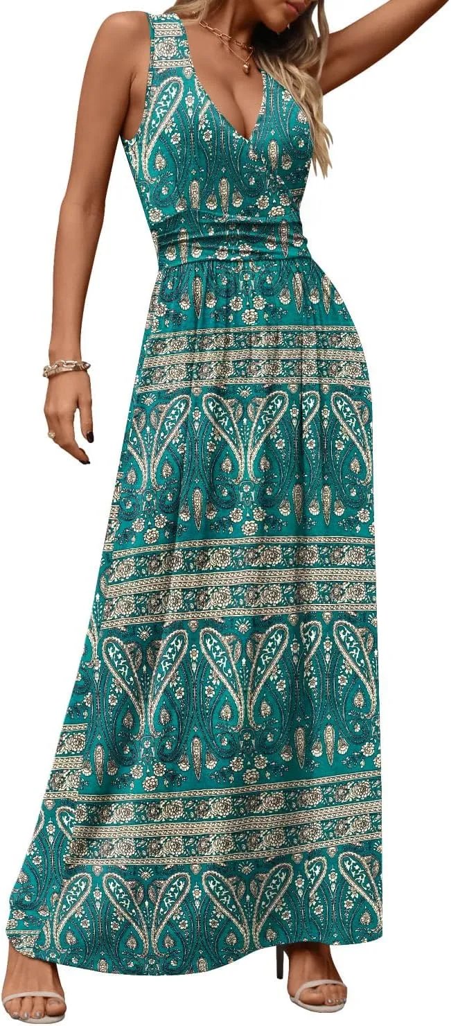 CATHY Women's Casual Sleeveless Deep V Neck Beach Waist Maxi Dresses with Pockets