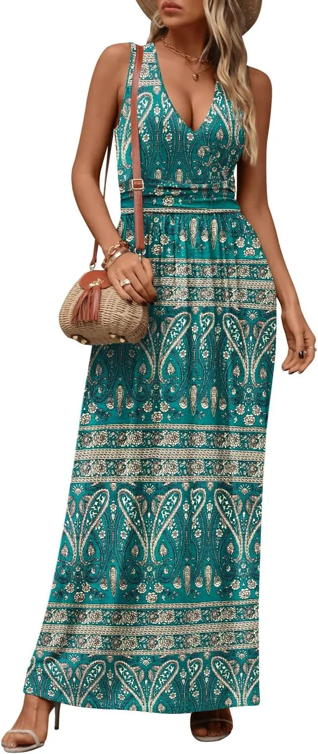CATHY Women's Casual Sleeveless Deep V Neck Beach Waist Maxi Dresses with Pockets