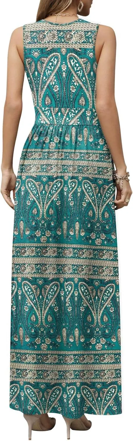 CATHY Women's Casual Sleeveless Deep V Neck Beach Waist Maxi Dresses with Pockets