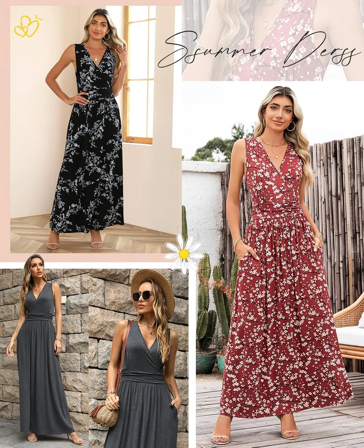 CATHY Women's Casual Sleeveless Deep V Neck Beach Waist Maxi Dresses with Pockets