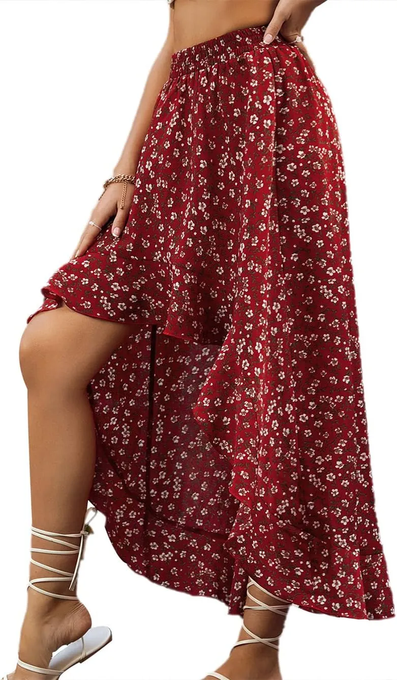 CHARTOU Women's Boho Elastic High Waist High Low Ruffle Floral Print Maxi Sexy Swing Skirt