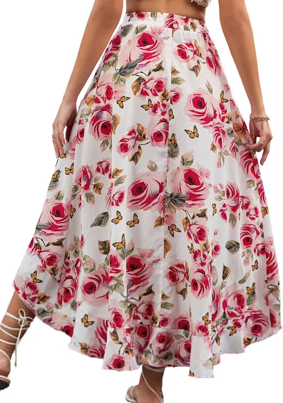 CHARTOU Women's Boho Elastic High Waist High Low Ruffle Floral Print Maxi Sexy Swing Skirt