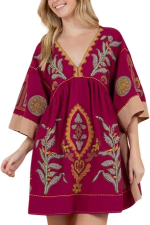 CHARTOU Women's Boho Linen Short Dress Baggy Bat-Sleeve Babydoll Mini Dress Floral V Neck Beach Sun Dresses
