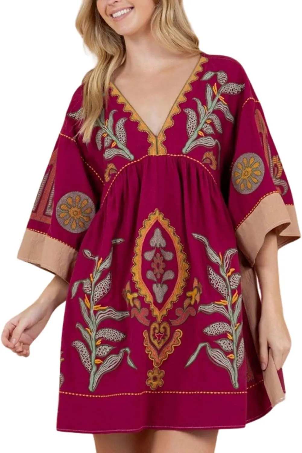 CHARTOU Women's Boho Linen Short Dress Baggy Bat-Sleeve Babydoll Mini Dress Floral V Neck Beach Sun Dresses