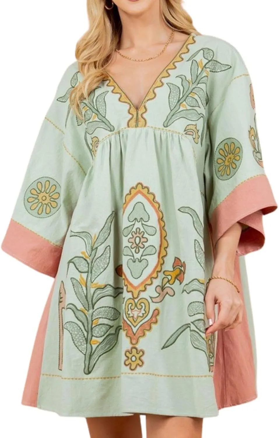 CHARTOU Women's Boho Linen Short Dress Baggy Bat-Sleeve Babydoll Mini Dress Floral V Neck Beach Sun Dresses