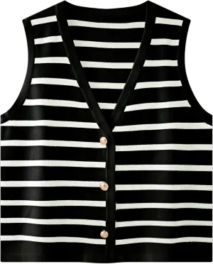 Chevara Women's Sleeveless Striped Sweater Vest Casual V Neck Vest Tops Summer Outfits