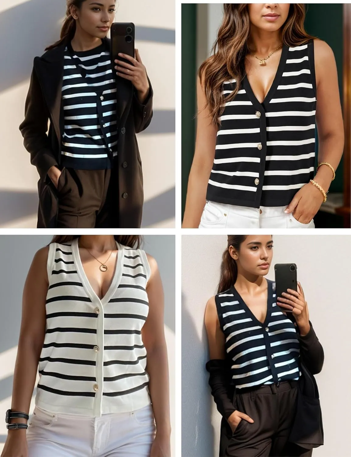 Chevara Women's Sleeveless Striped Sweater Vest Casual V Neck Vest Tops Summer Outfits
