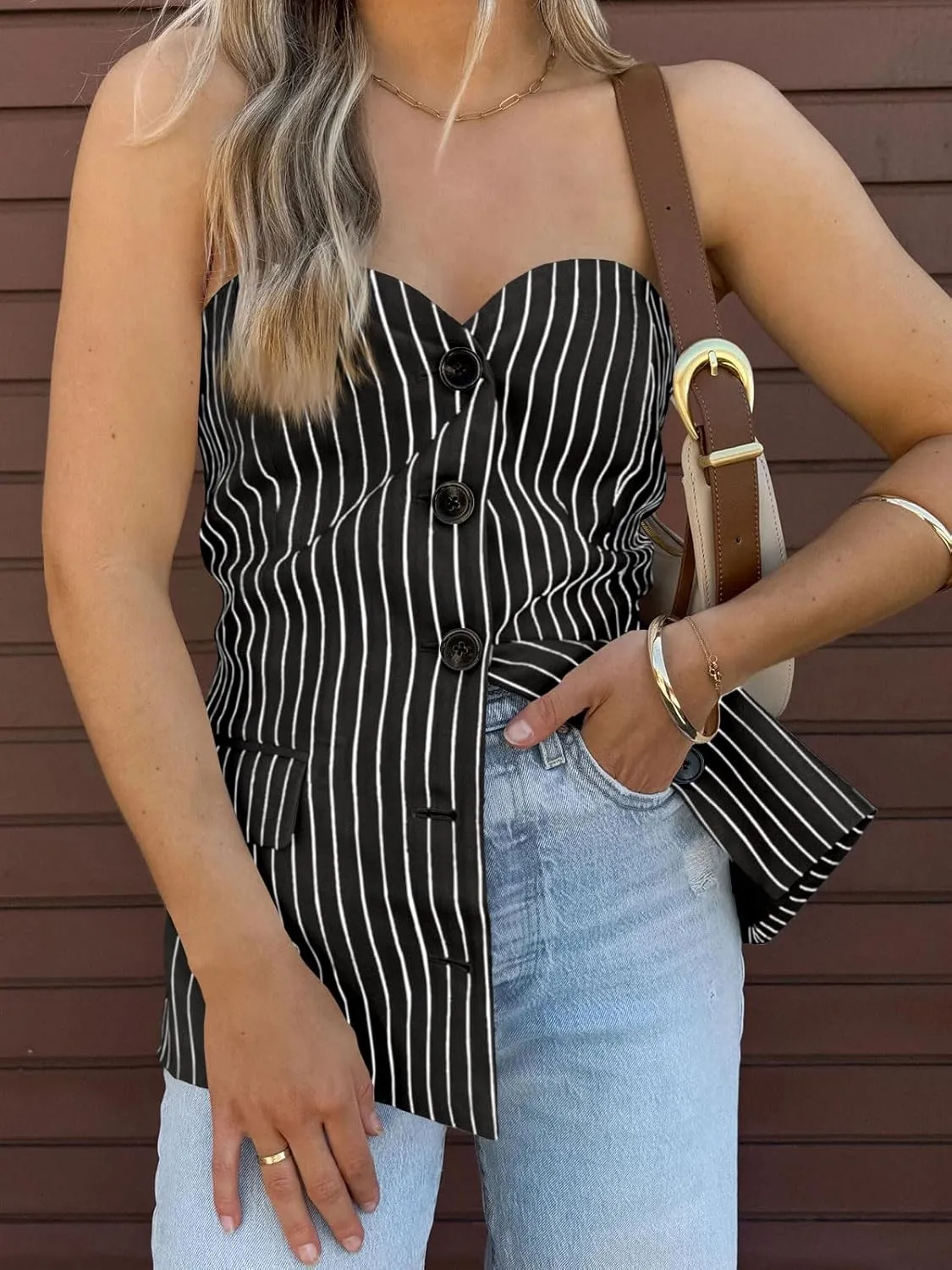 Cicy Bell Womens Strapless Blazer Vest Sleeveless Tube Tops Striped Button Up Waistcoat Vest Business Fitted Suit Vest