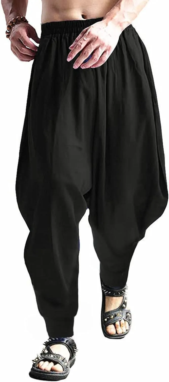 CLANMILUMS Men's Cotton Harem Pants Casual Loose Hippie Drop Crotch Trouser