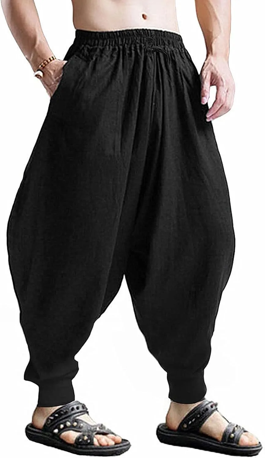 CLANMILUMS Men's Cotton Harem Pants Casual Loose Hippie Drop Crotch Trouser