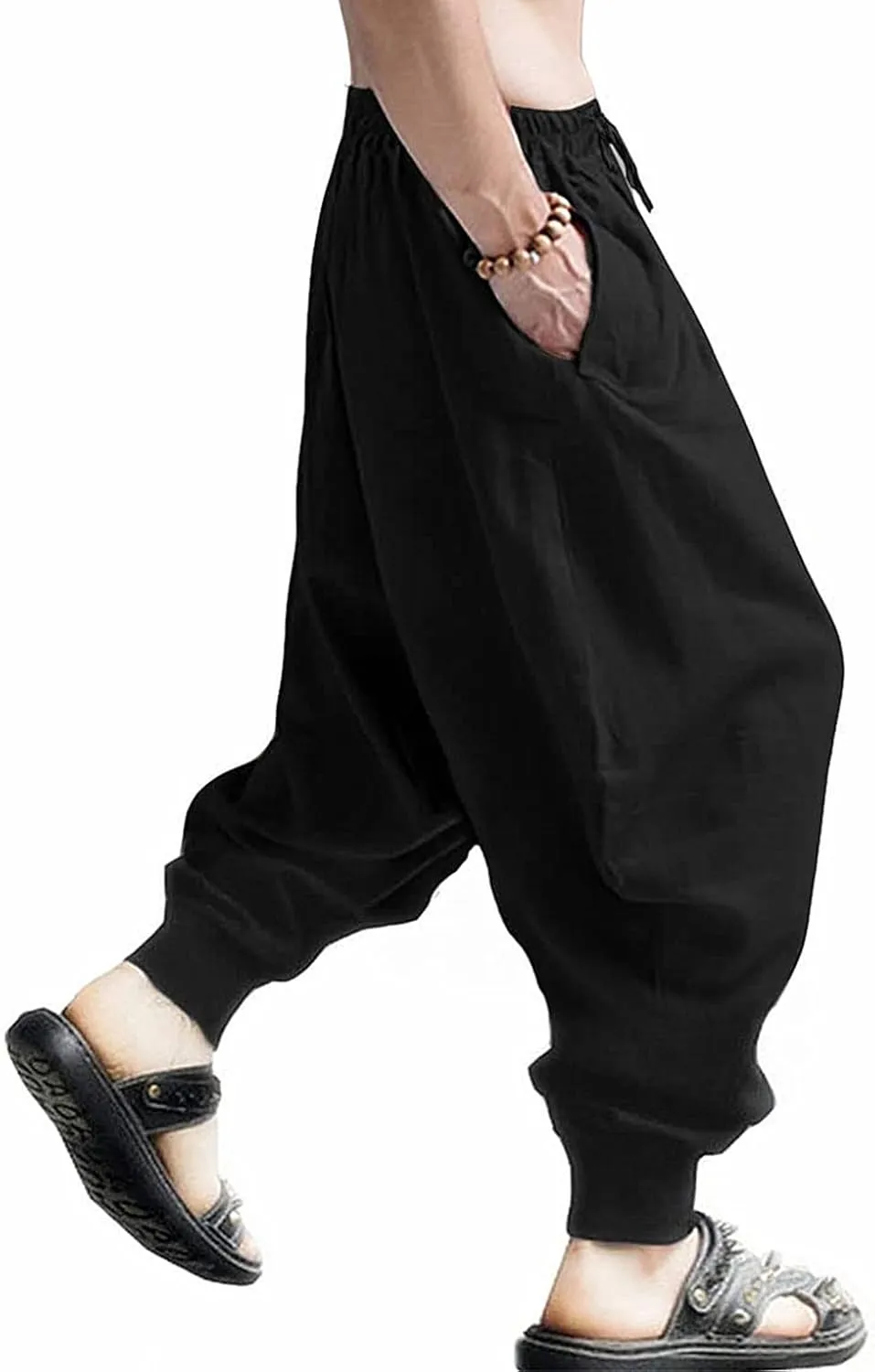 CLANMILUMS Men's Cotton Harem Pants Casual Loose Hippie Drop Crotch Trouser