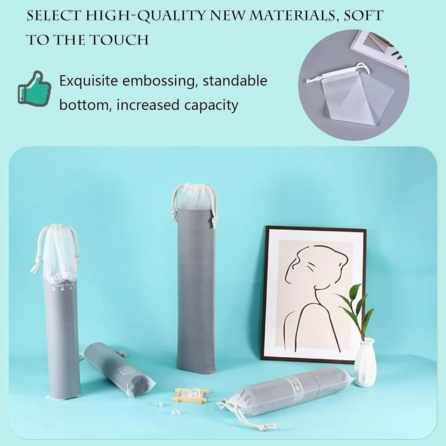 Clear PEVA Drawstring Bags - 5"x14" / 12x35cm (25 Pcs) - White Nylon Rope Waterproof Pouches for Travel & Storage