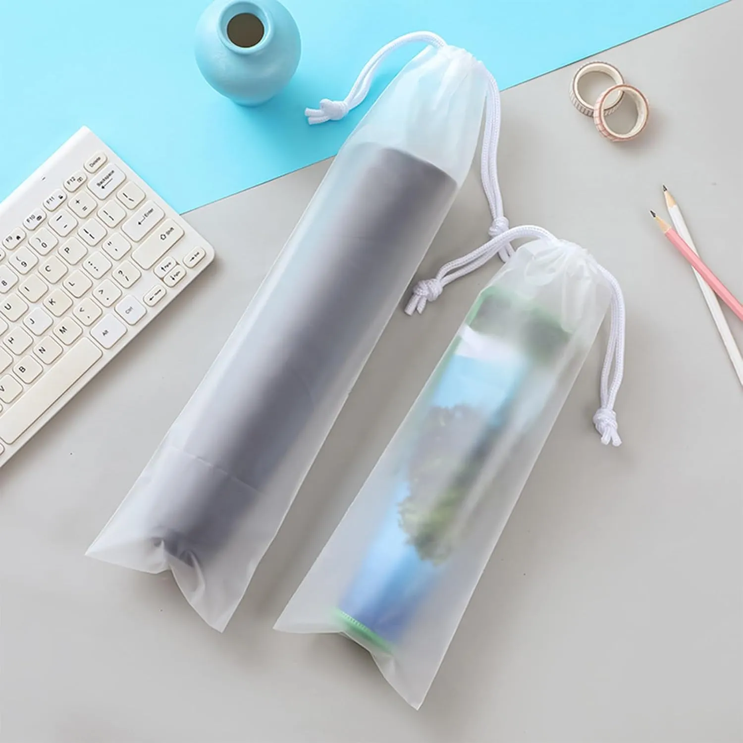 Clear PEVA Drawstring Bags - 5"x14" / 12x35cm (25 Pcs) - White Nylon Rope Waterproof Pouches for Travel & Storage