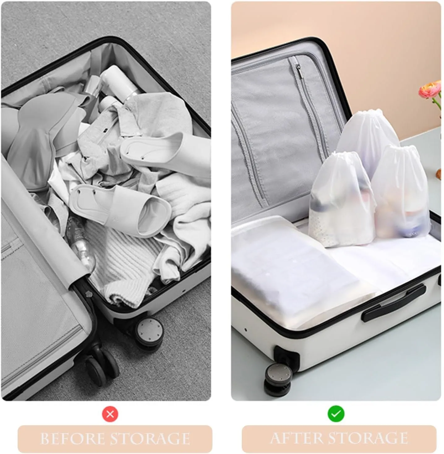 Clear PEVA Drawstring Bags - 5"x14" / 12x35cm (25 Pcs) - White Nylon Rope Waterproof Pouches for Travel & Storage