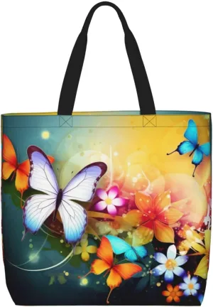 Colorful with butterfly Tote Bag for Women Hobo Handbags with Zipper Large Shoulder Bag Shopping Bags Travel Purse