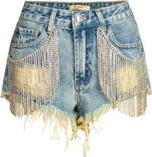 COMLIFE Summer Women's Jean Shorts Tassels Wide Leg Rhinestone Fringe Sexy Denim Short Jeans