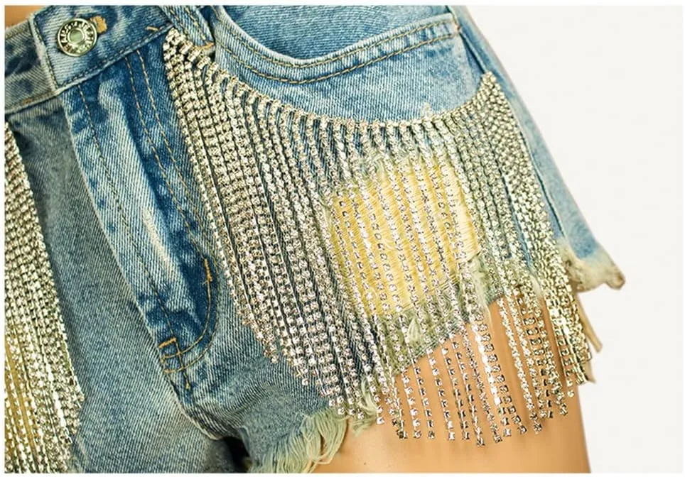 COMLIFE Summer Women's Jean Shorts Tassels Wide Leg Rhinestone Fringe Sexy Denim Short Jeans
