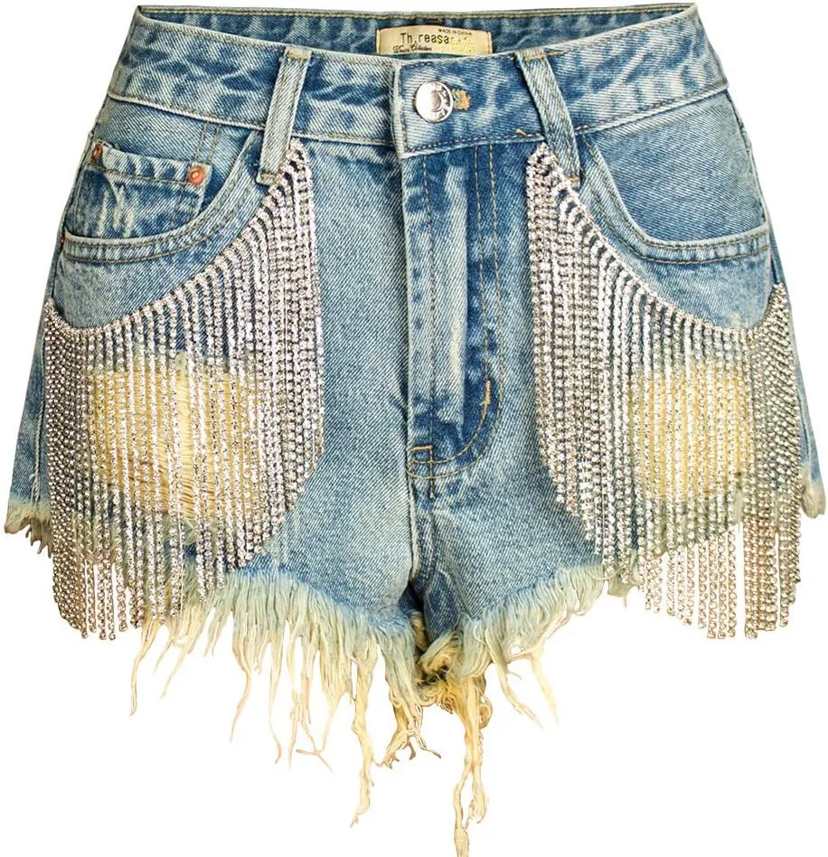 COMLIFE Summer Women's Jean Shorts Tassels Wide Leg Rhinestone Fringe Sexy Denim Short Jeans
